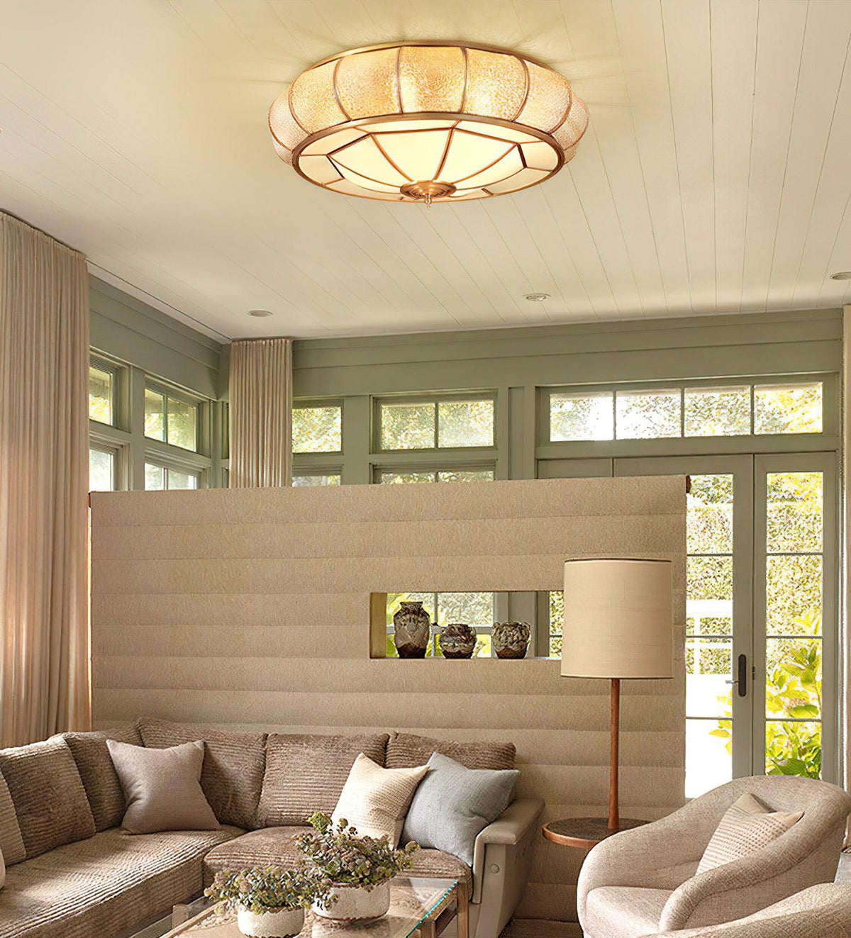 Colonial Glass Drum Flush Mount Ceiling Light in Brass