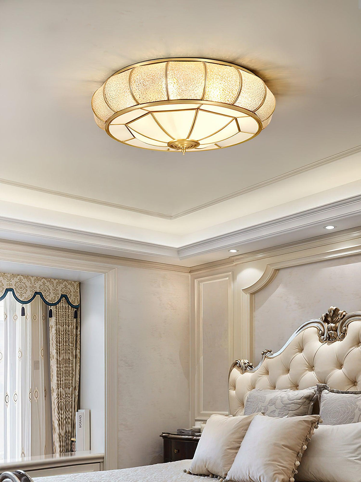 Colonial Glass Drum Flush Mount Ceiling Light in Brass