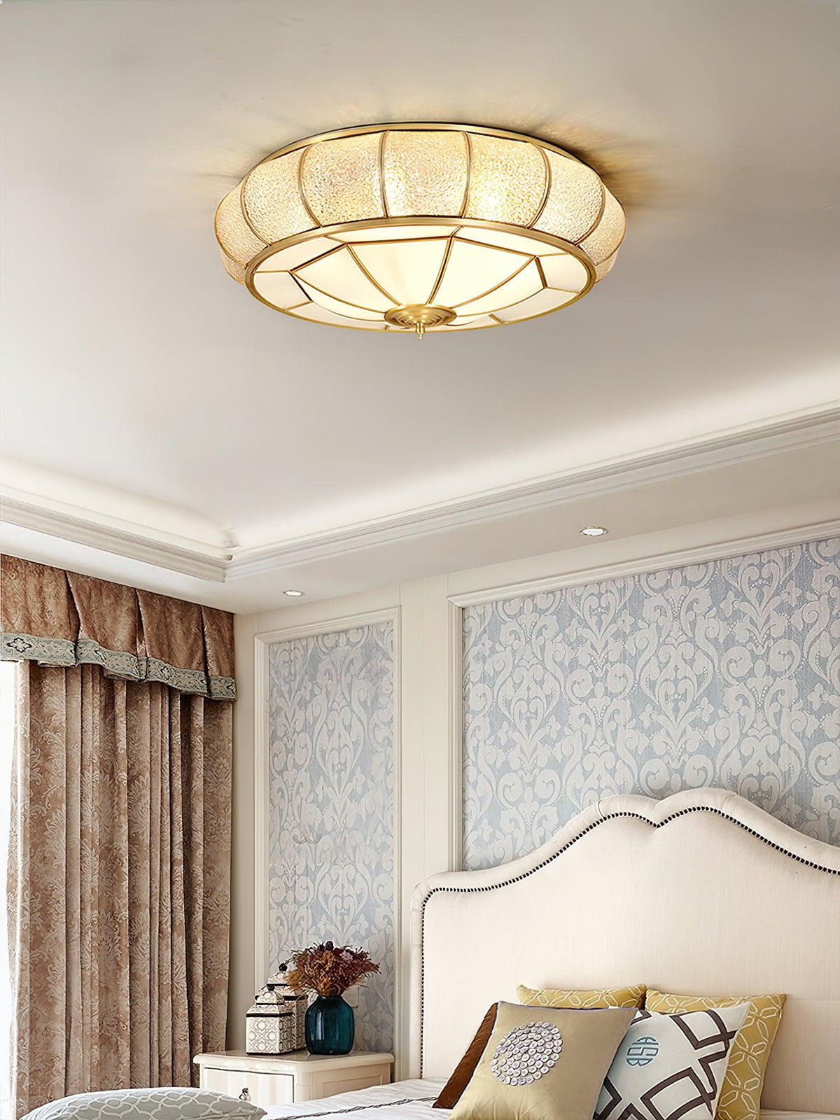 Colonial Glass Drum Flush Mount Ceiling Light in Brass