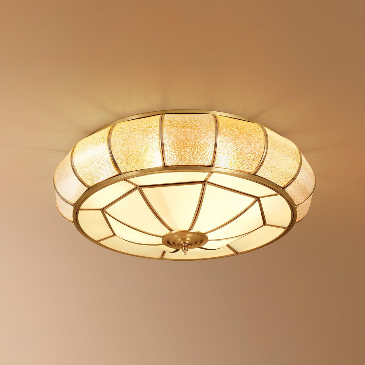 Colonial Glass Drum Flush Mount Ceiling Light in Brass