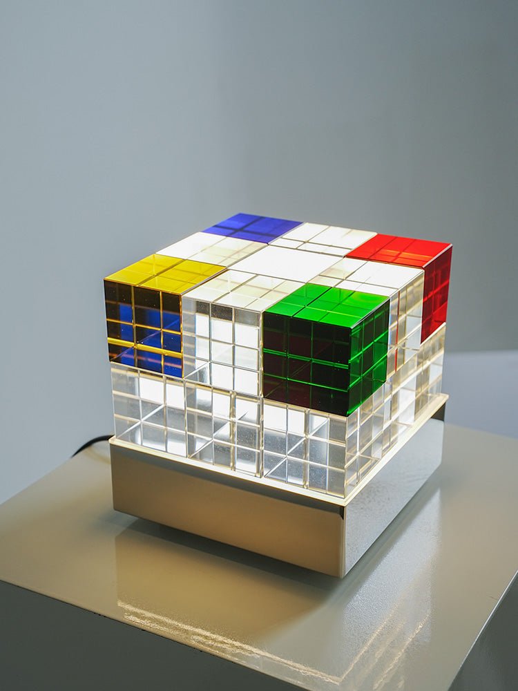 Prismatic Crystal Cube Table Lamp with Chrome Base, LED Illumination