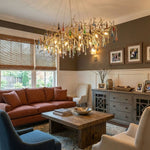 Linear Brass Branch Chandelier with Multicolor Crystal Raindrops