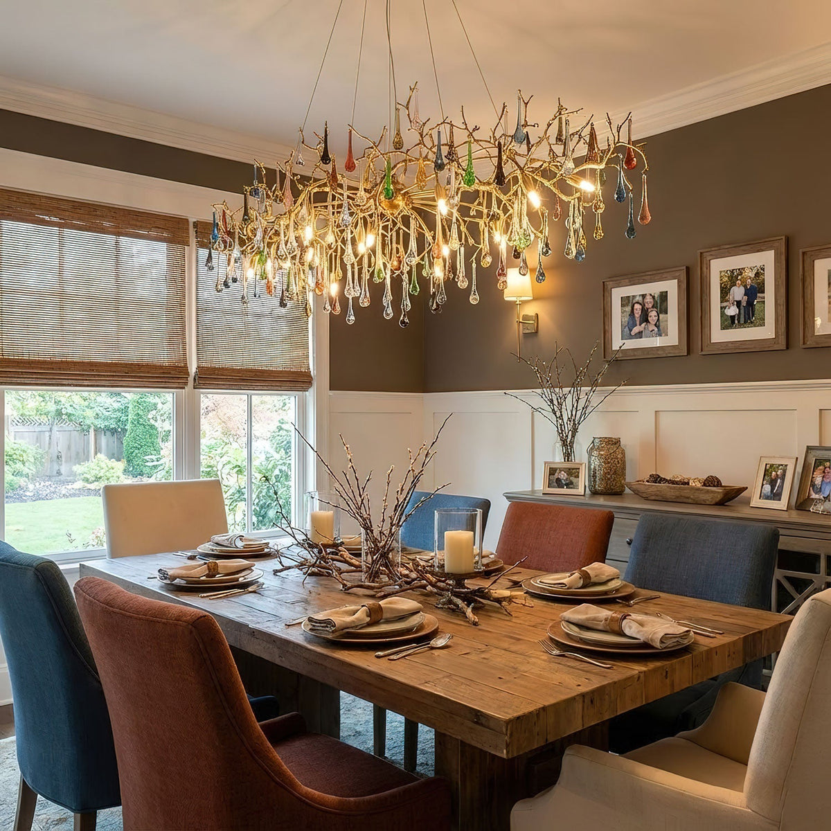 Linear Brass Branch Chandelier with Multicolor Crystal Raindrops