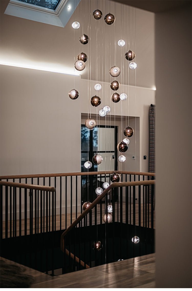 Cosmic Sphere Cascade Chandelier – Modern Glass Pendant Light for Dining Room and Living Room
