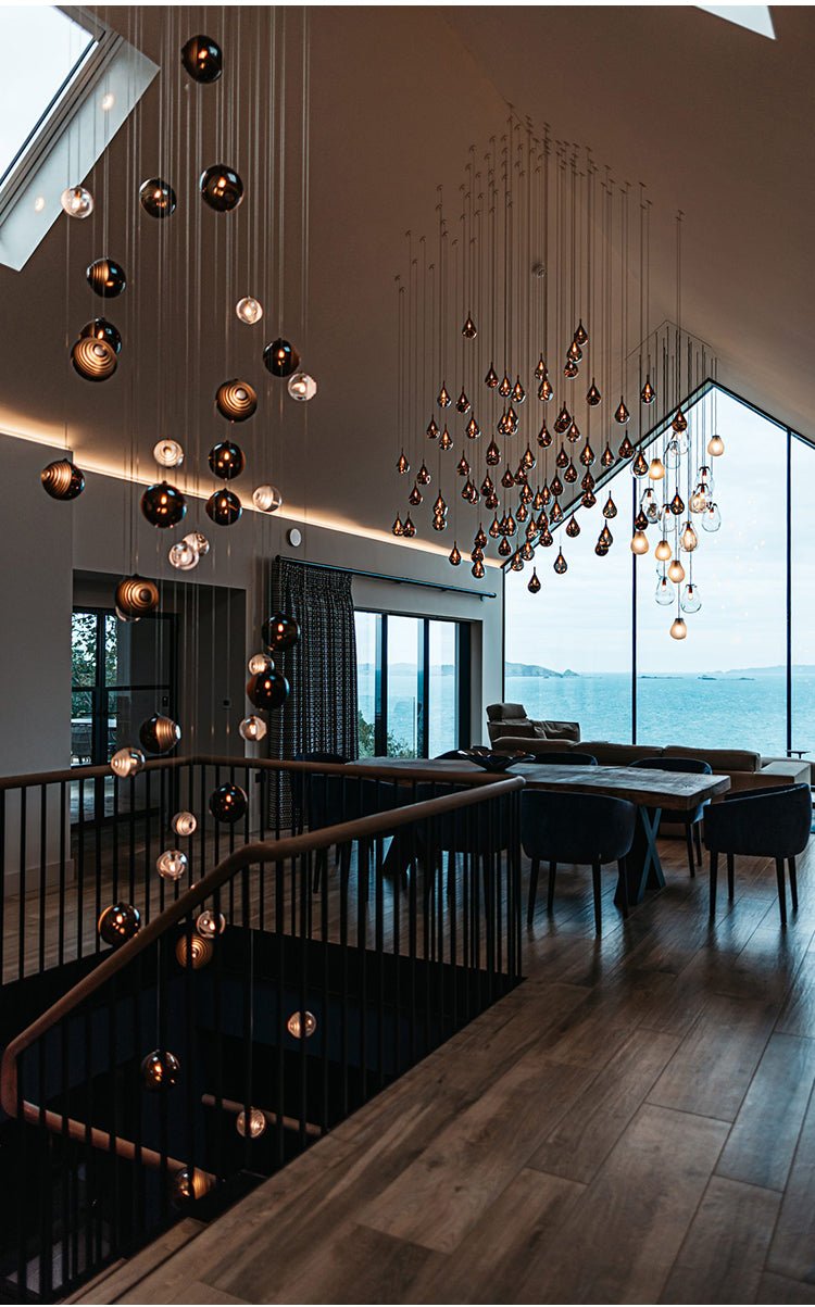 Cosmic Sphere Cascade Chandelier – Modern Glass Pendant Light for Dining Room and Living Room