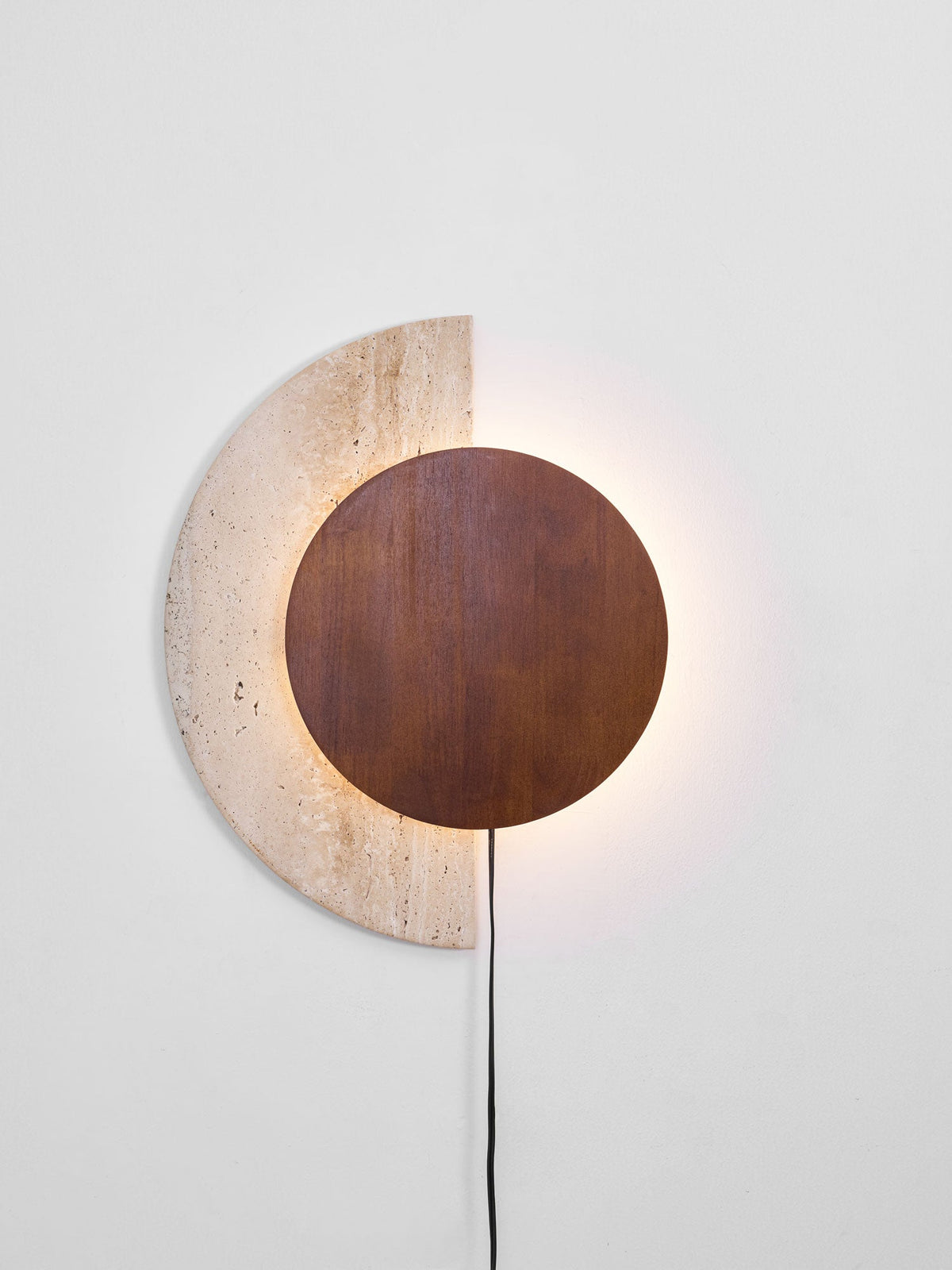 Crescent Halo Plug-In Wall Sconce in Natural Travertine and Wood