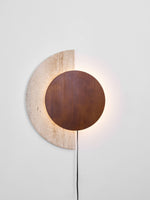 Crescent Halo Plug-In Wall Sconce in Natural Travertine and Wood