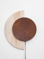 Crescent Halo Plug-In Wall Sconce in Natural Travertine and Wood