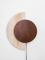 Crescent Halo Plug-In Wall Sconce in Natural Travertine and Wood