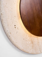 Crescent Halo Plug-In Wall Sconce in Natural Travertine and Wood