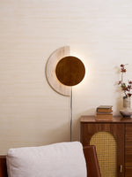 Crescent Halo Plug-In Wall Sconce in Natural Travertine and Wood