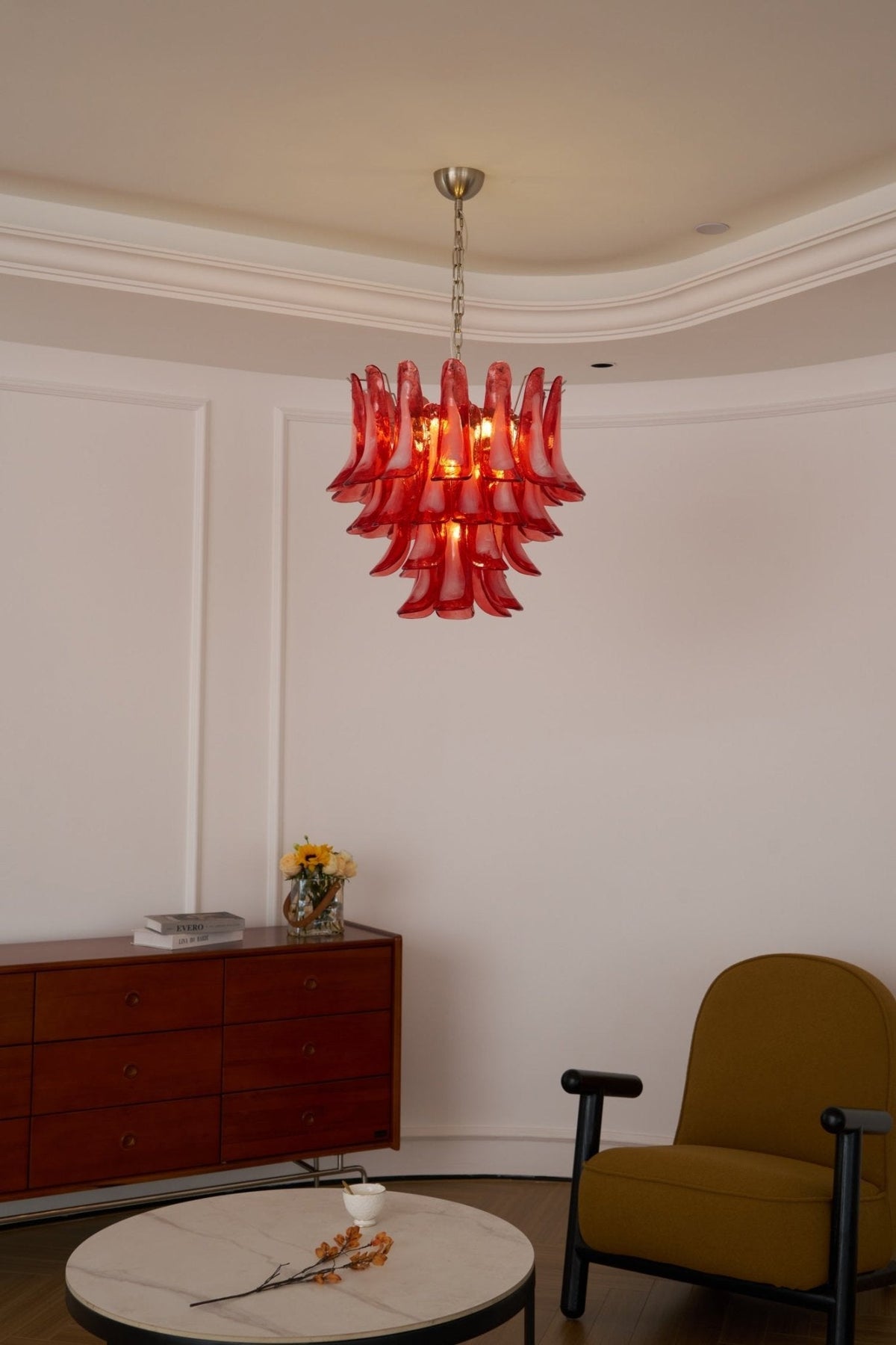 Crimson Glass Petals Chandelier – Murano Style Modern Chandelier for Dining Room and Living Room
