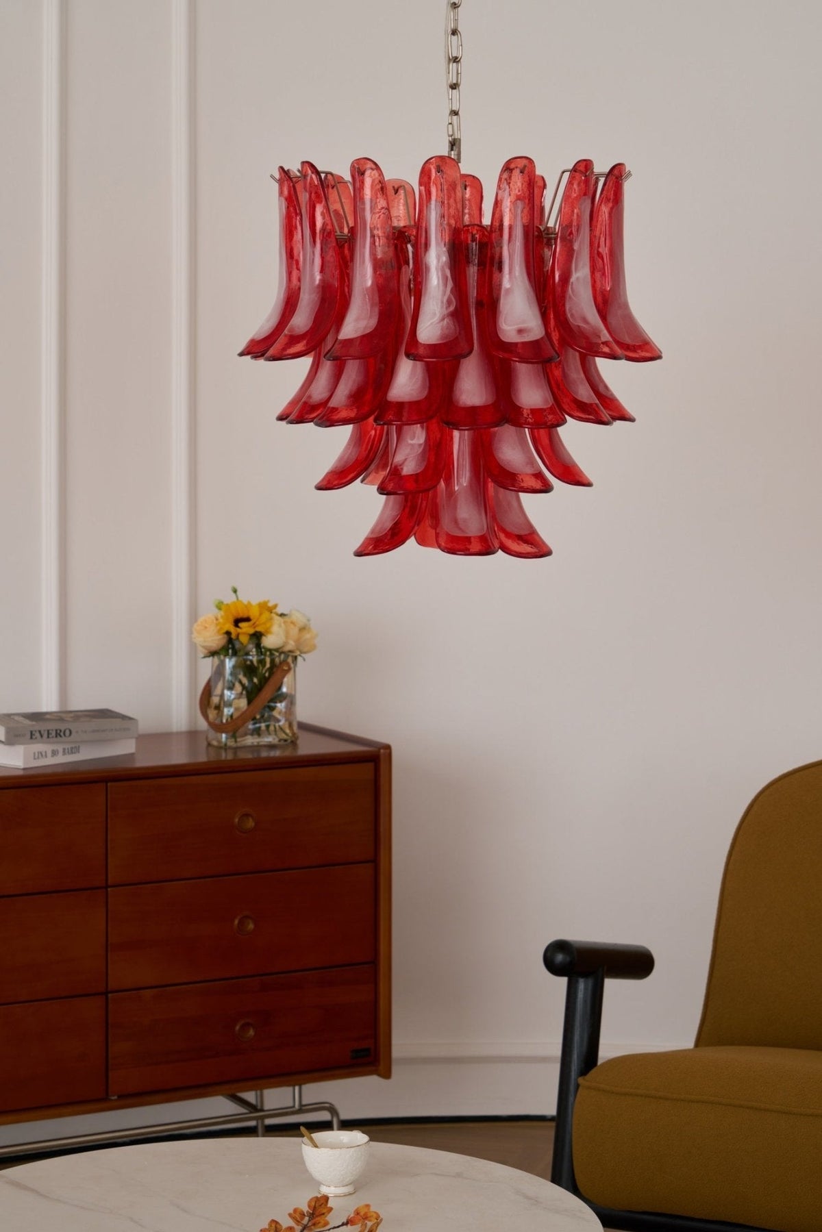 Crimson Glass Petals Chandelier – Murano Style Modern Chandelier for Dining Room and Living Room