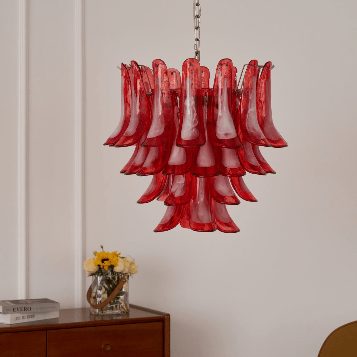 Crimson Glass Petals Chandelier – Murano Style Modern Chandelier for Dining Room and Living Room