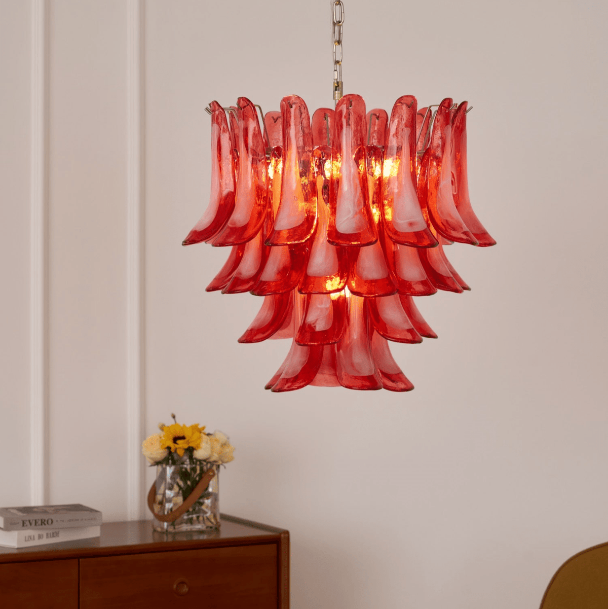 Crimson Glass Petals Chandelier – Murano Style Modern Chandelier for Dining Room and Living Room
