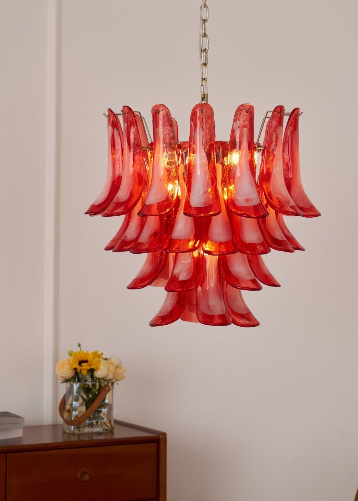 Crimson Glass Petals Chandelier – Murano Style Modern Chandelier for Dining Room and Living Room