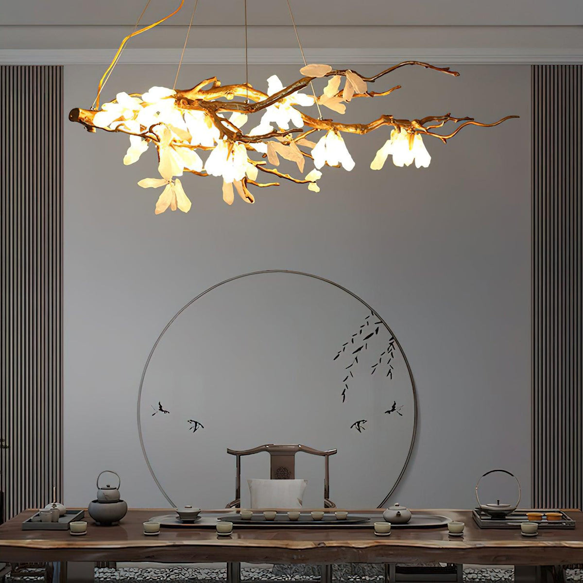 Crushed Stone Chandelier in Natural White with Brass Accents