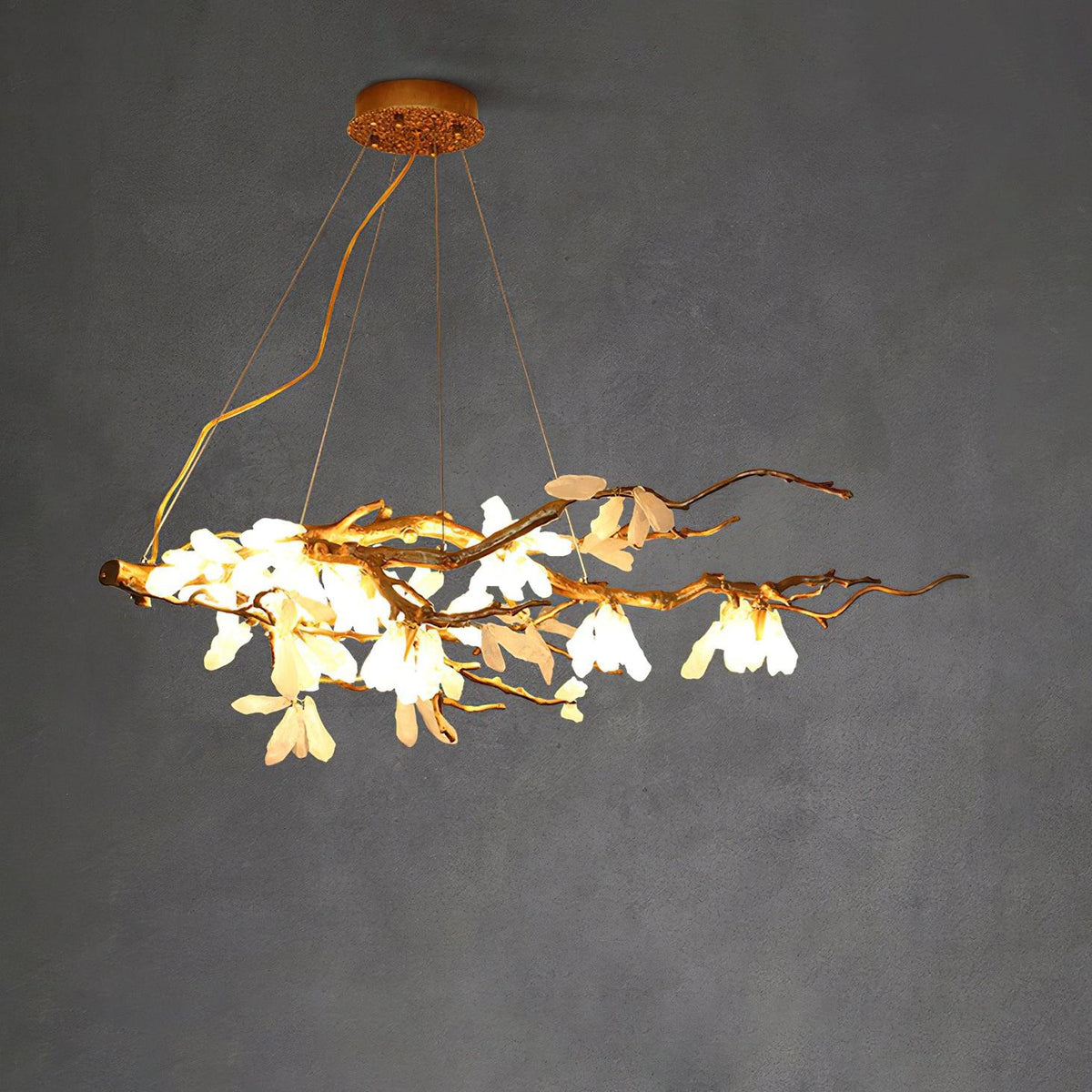 Crushed Stone Chandelier in Natural White with Brass Accents