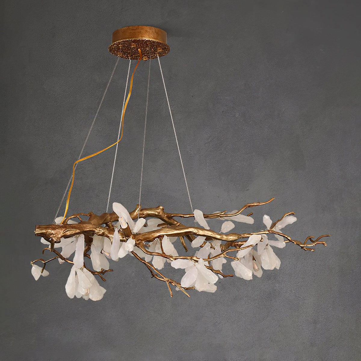 Crushed Stone Chandelier in Natural White with Brass Accents
