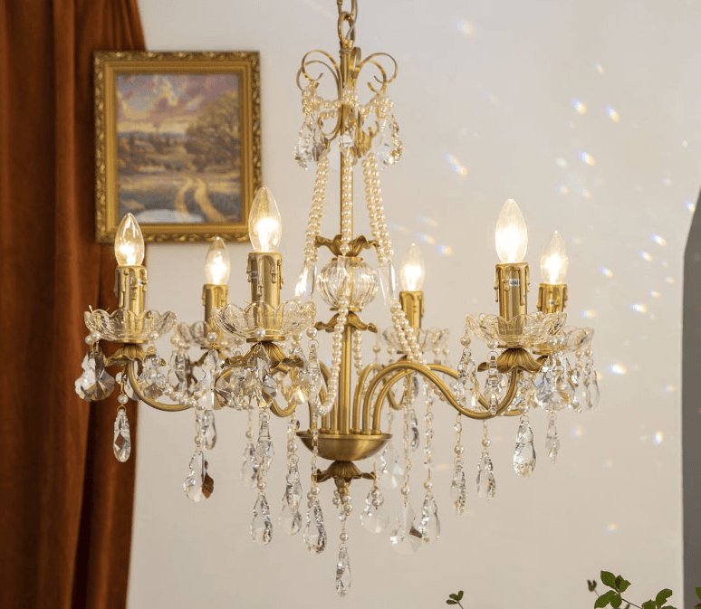 Crystal Pearl Chandelier in Brass with Clear Crystal Beads