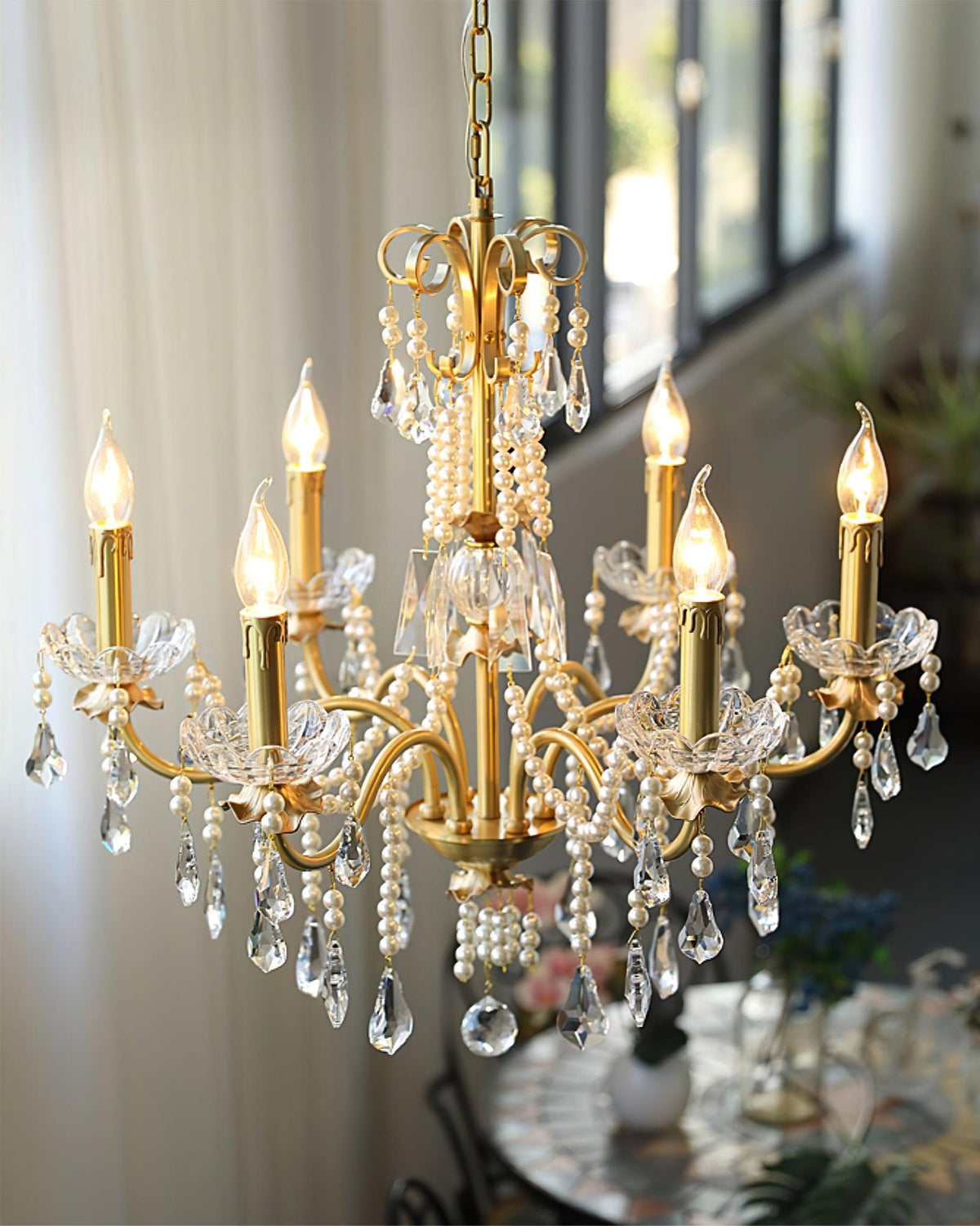 Crystal Pearl Chandelier in Brass with Clear Crystal Beads