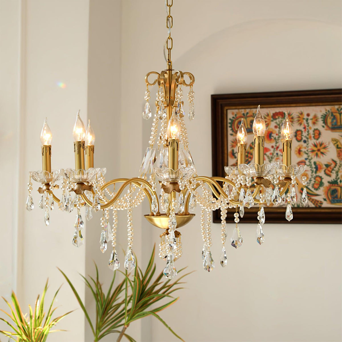 Crystal Pearl Chandelier in Brass with Clear Crystal Beads