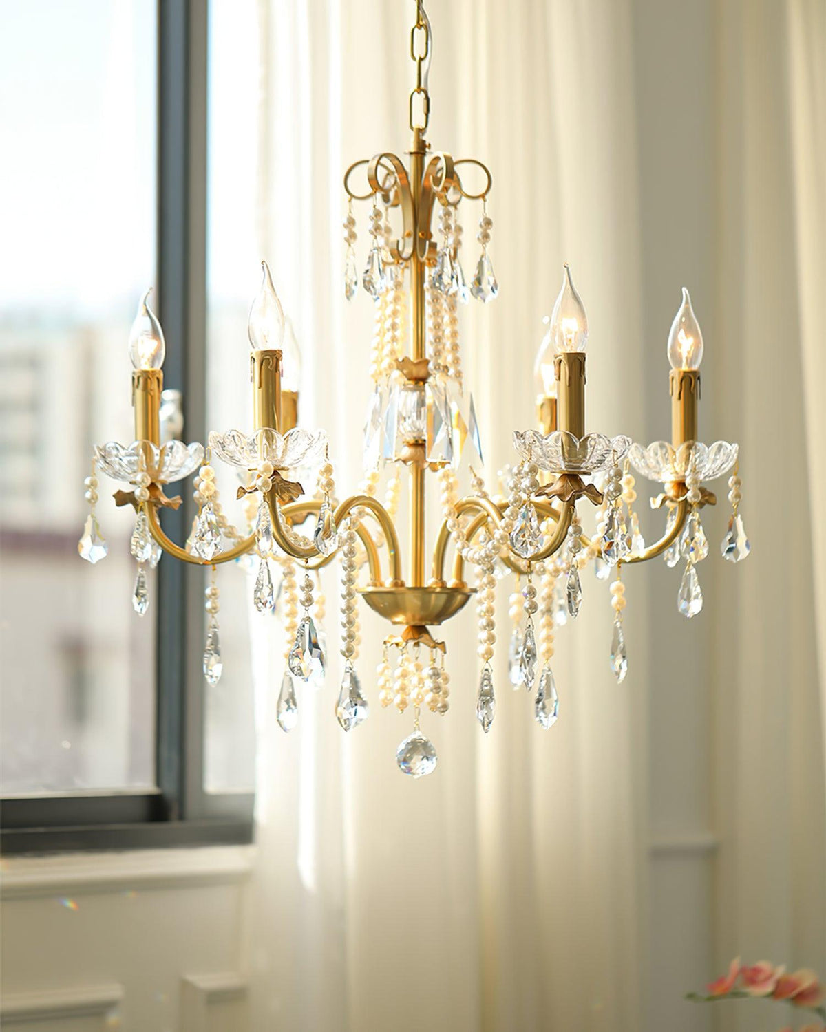 Crystal Pearl Chandelier in Brass with Clear Crystal Beads