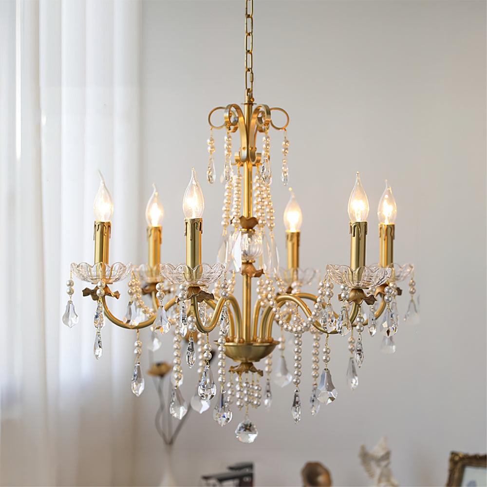 Crystal Pearl Chandelier in Brass with Clear Crystal Beads