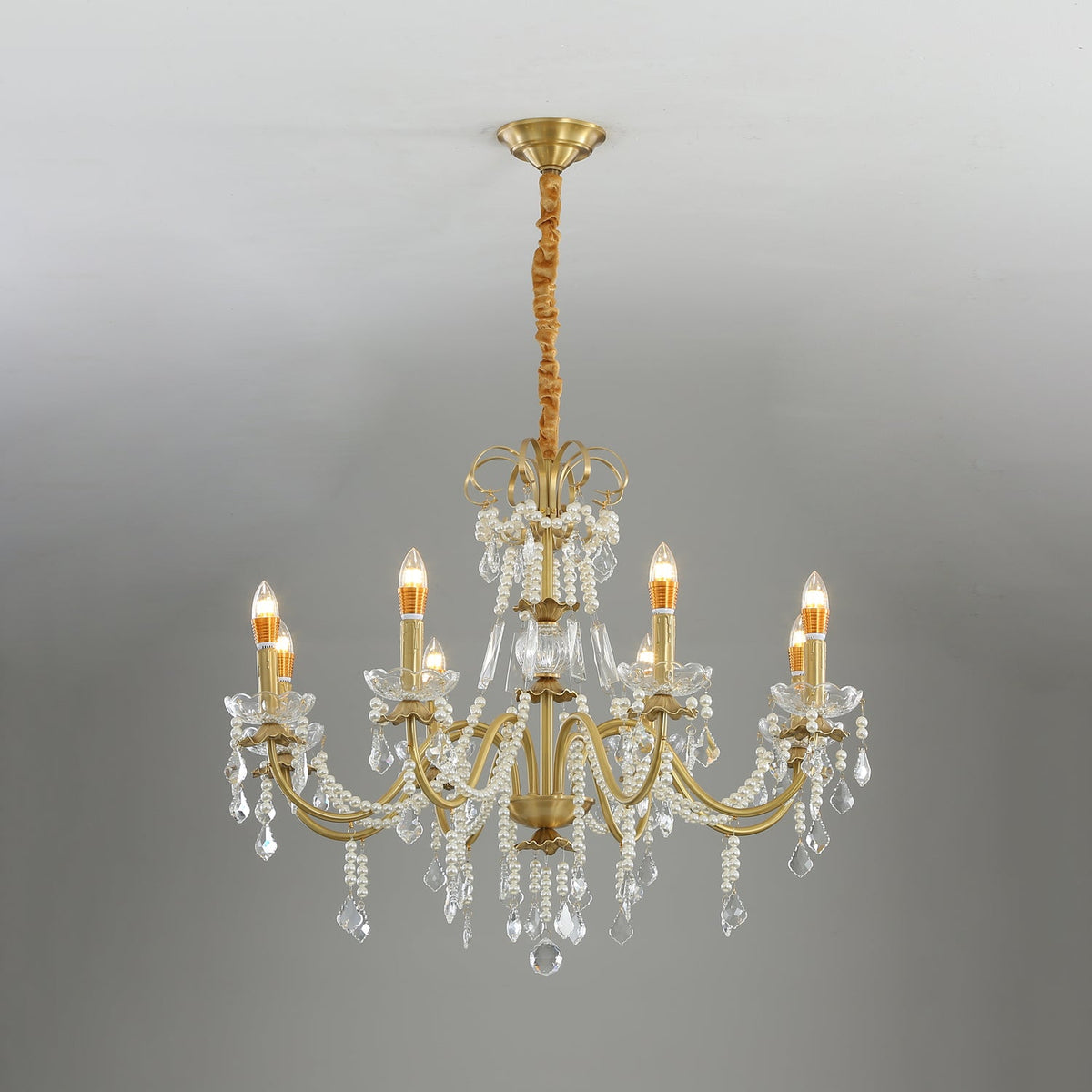Crystal Pearl Chandelier in Brass with Clear Crystal Beads