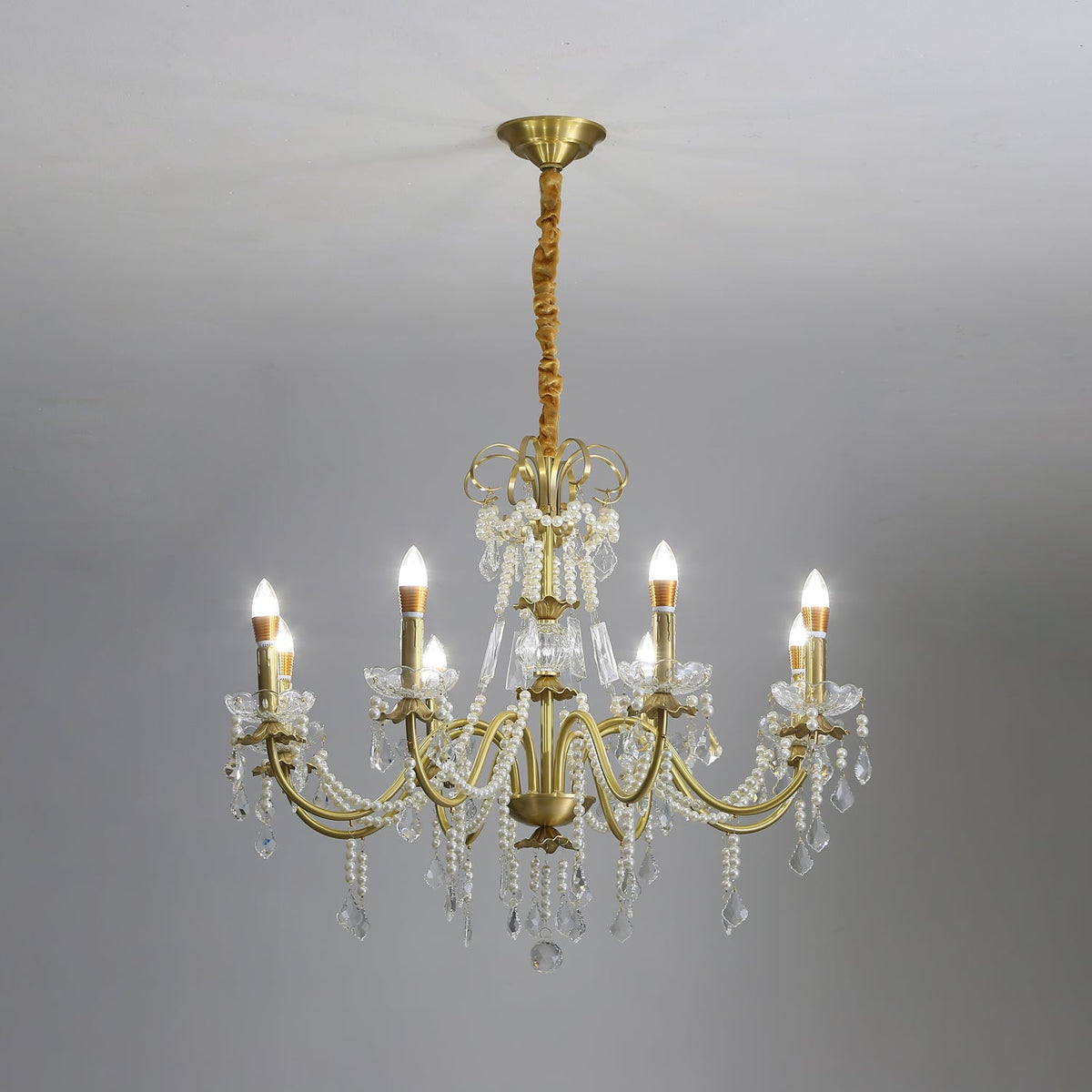 Crystal Pearl Chandelier in Brass with Clear Crystal Beads