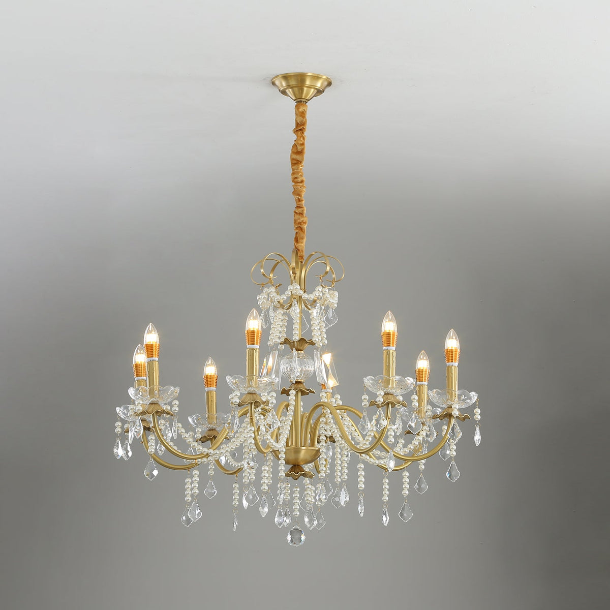 Crystal Pearl Chandelier in Brass with Clear Crystal Beads