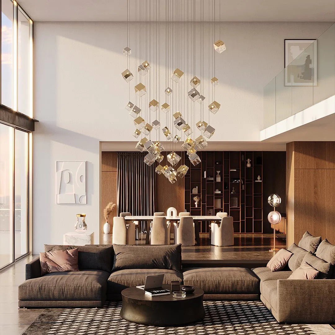 Cubic Luster Cascade Chandelier – Modern Geometric Crystal Pendant Light