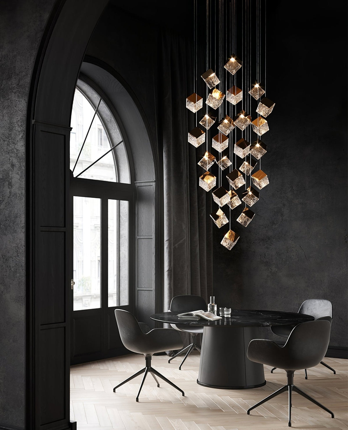 Cubic Luster Cascade Chandelier – Modern Geometric Crystal Pendant Light