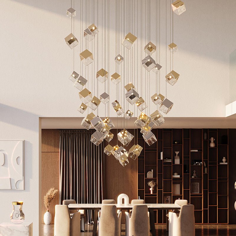 Cubic Luster Cascade Chandelier – Modern Geometric Crystal Pendant Light