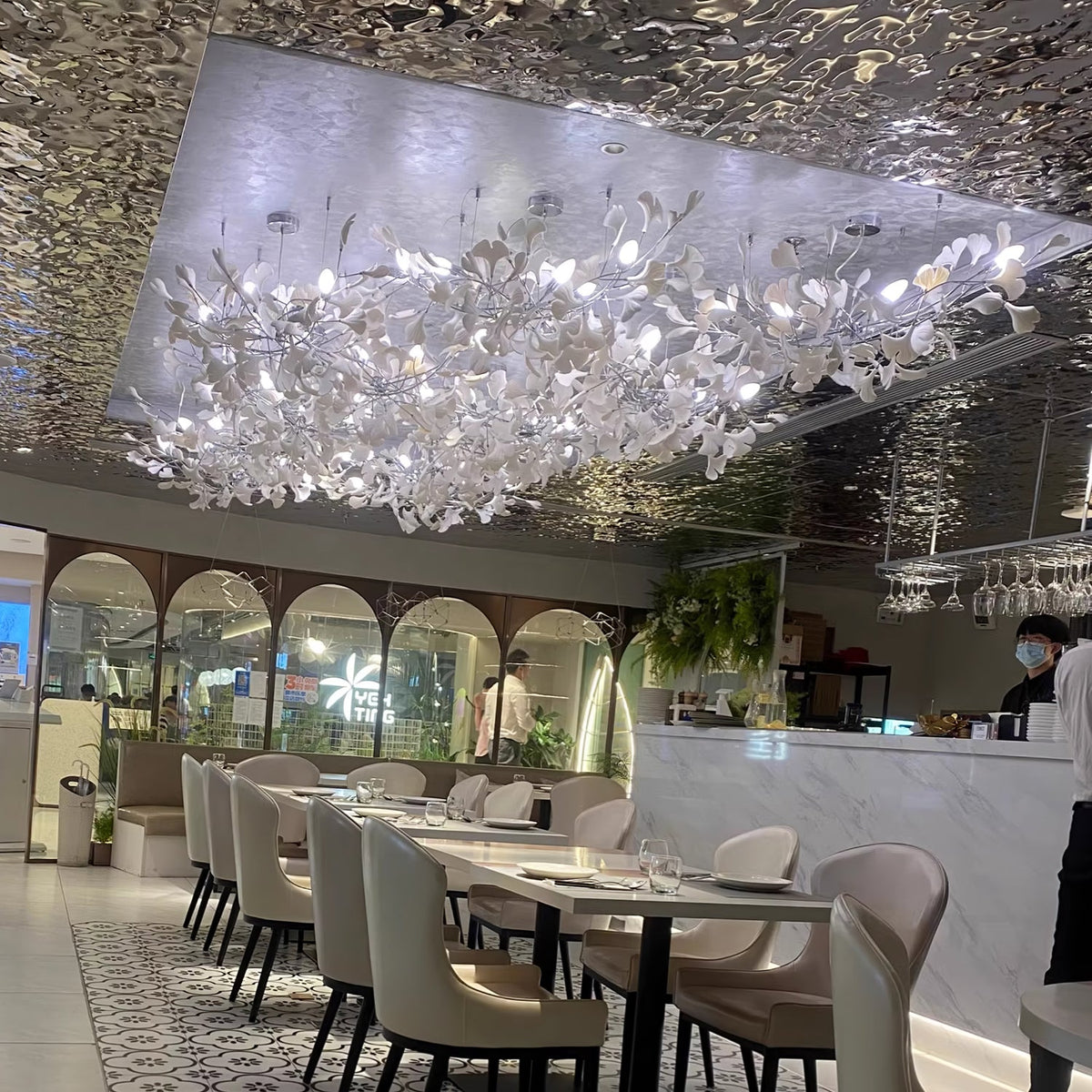 Gingko Leaves Linear Chandelier – Hand-Cast Porcelain Sculptural Pendant Light