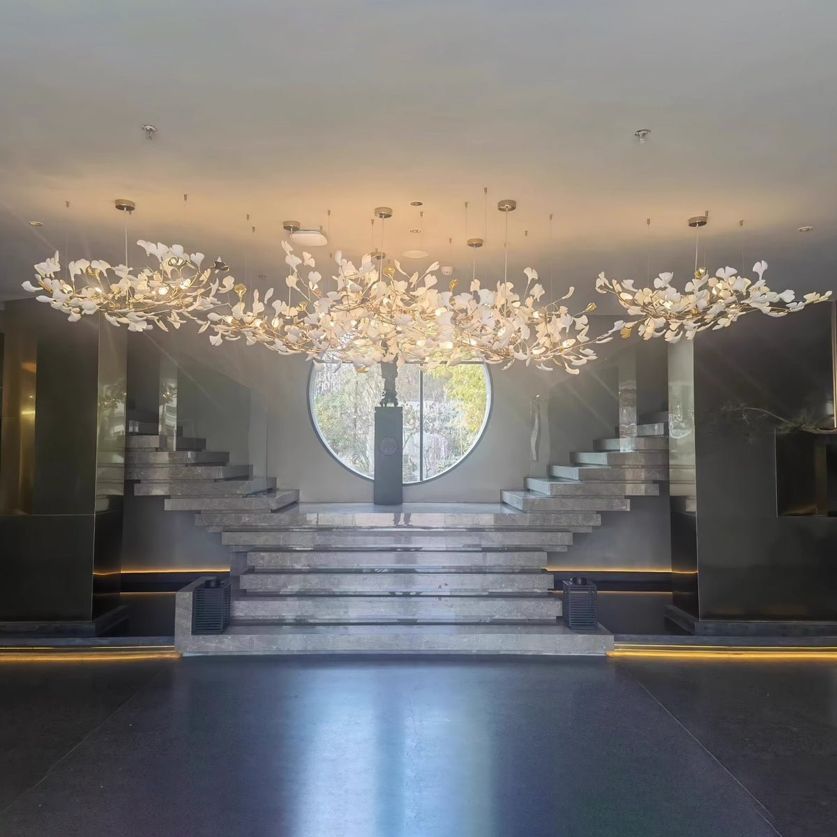 Gingko Leaves Linear Chandelier – Hand-Cast Porcelain Sculptural Pendant Light
