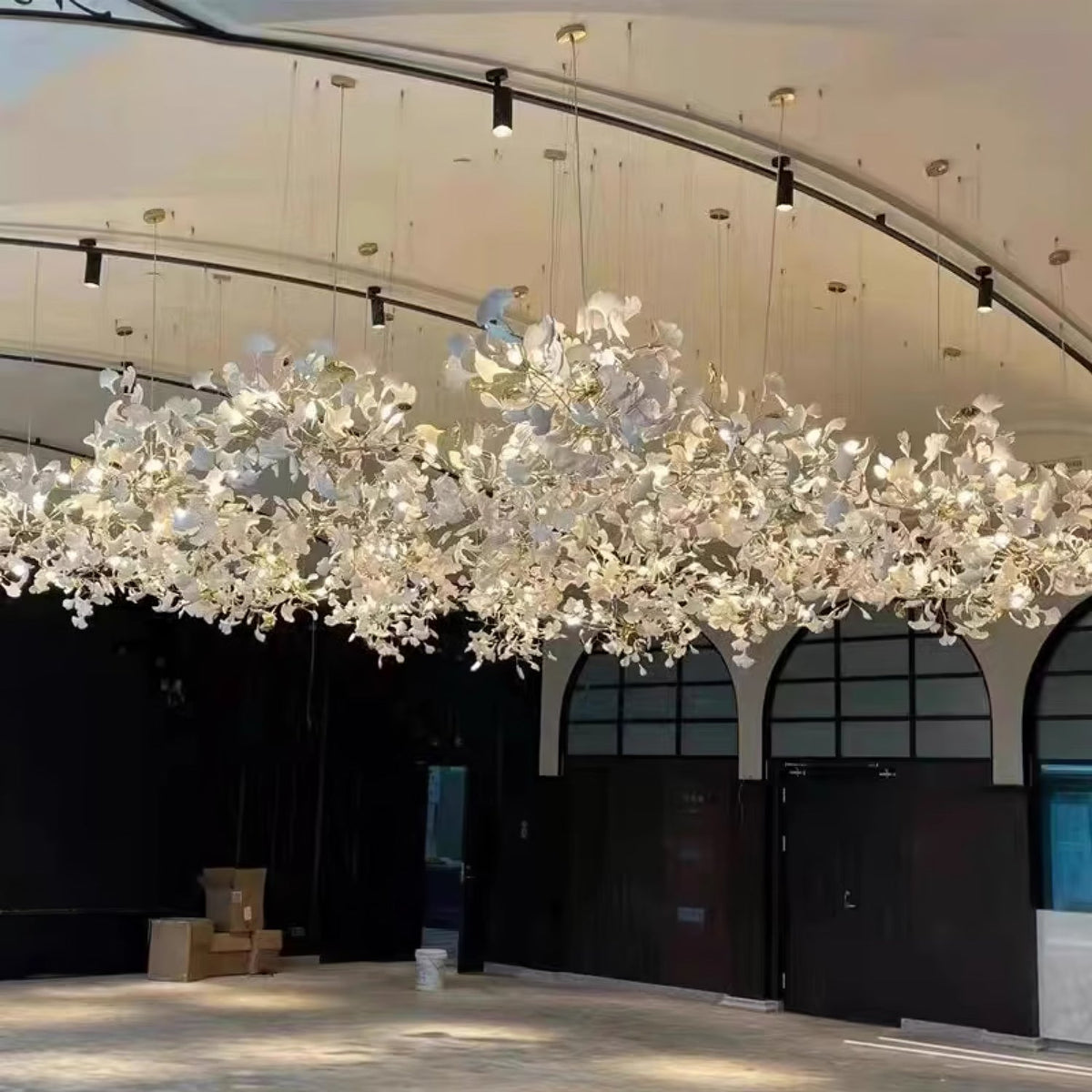 Gingko Leaves Linear Chandelier – Hand-Cast Porcelain Sculptural Pendant Light
