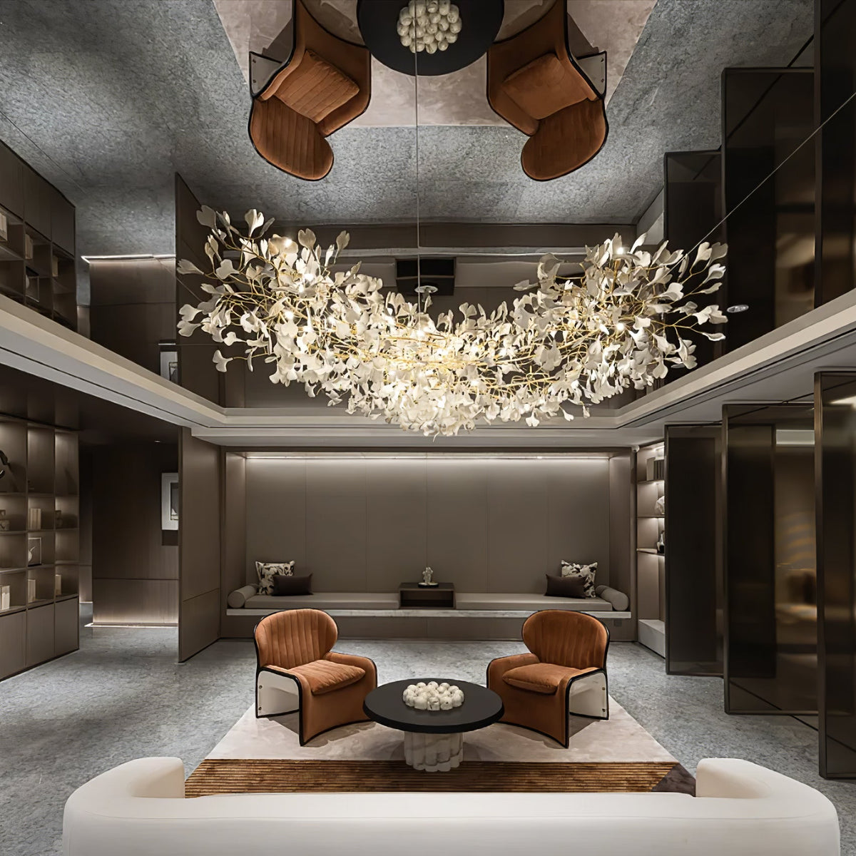 Gingko Leaves Linear Chandelier – Hand-Cast Porcelain Sculptural Pendant Light