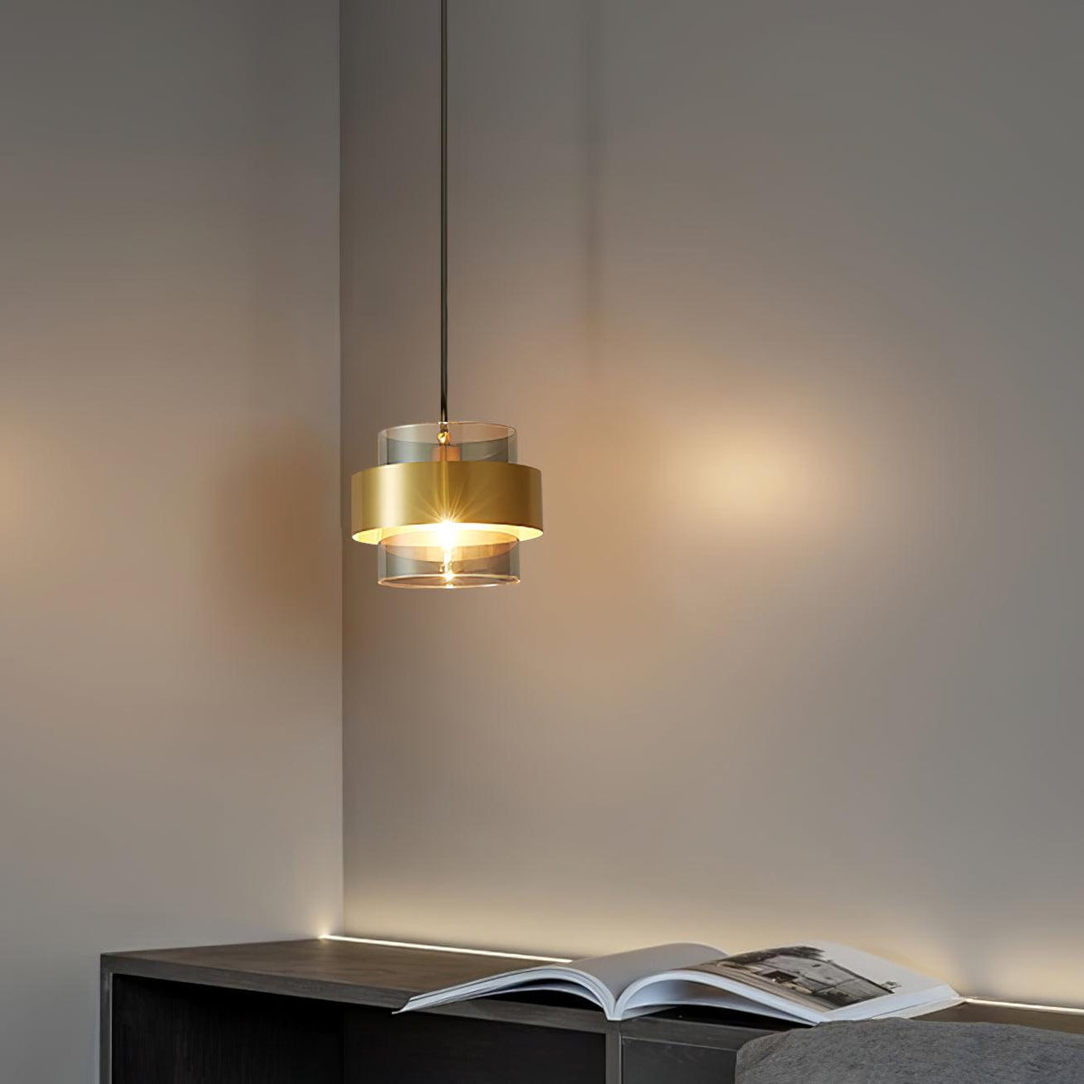 Cylinder Glass Pendant Light with Brass Accents for Modern Interiors