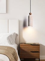 Cylinder Travertine Wood Bead Pendant Light, Minimalist Organic Hanging Lamp for Dining Room and Kitchen Island