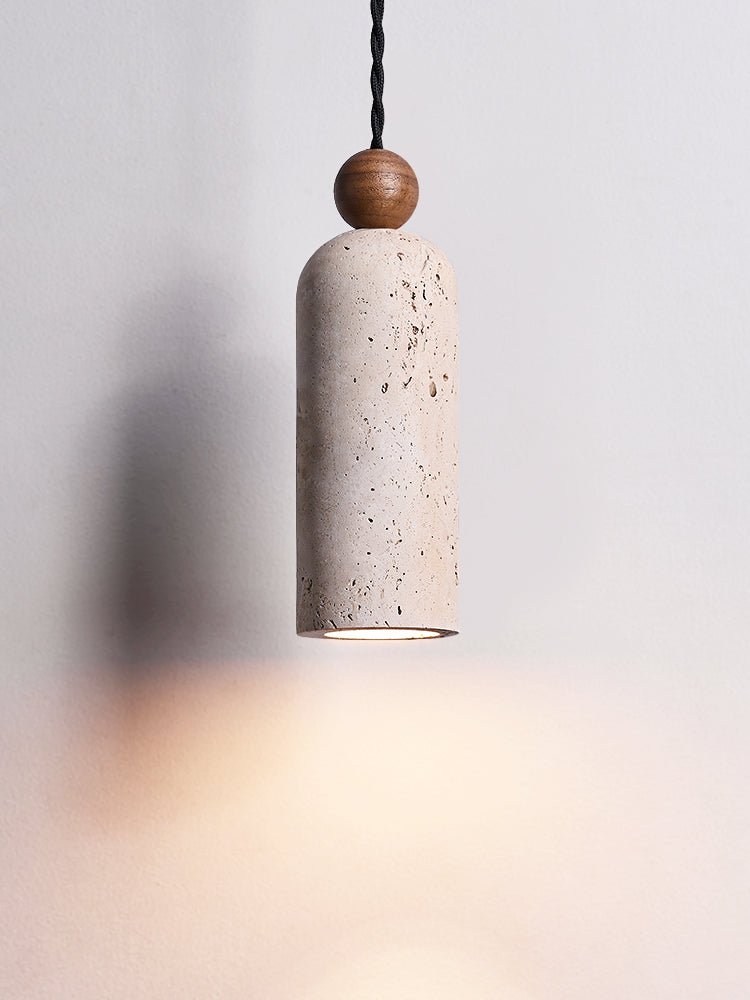 Cylinder Travertine Wood Bead Pendant Light, Minimalist Organic Hanging Lamp for Dining Room and Kitchen Island