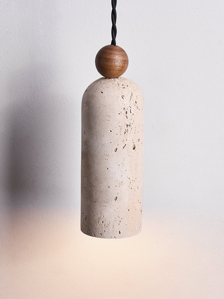Cylinder Travertine Wood Bead Pendant Light, Minimalist Organic Hanging Lamp for Dining Room and Kitchen Island