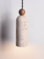 Cylinder Travertine Wood Bead Pendant Light, Minimalist Organic Hanging Lamp for Dining Room and Kitchen Island