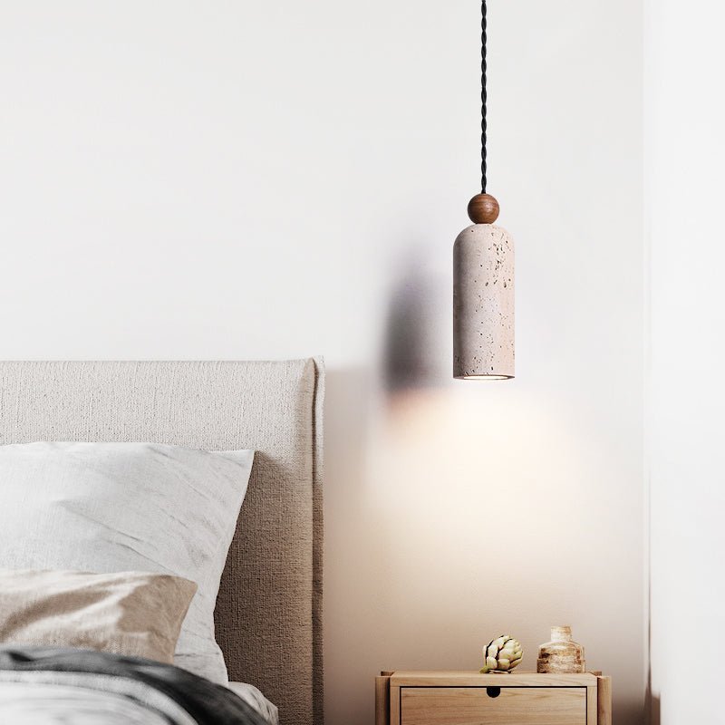 Cylinder Travertine Wood Bead Pendant Light, Minimalist Organic Hanging Lamp for Dining Room and Kitchen Island