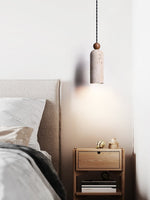 Cylinder Travertine Wood Bead Pendant Light, Minimalist Organic Hanging Lamp for Dining Room and Kitchen Island