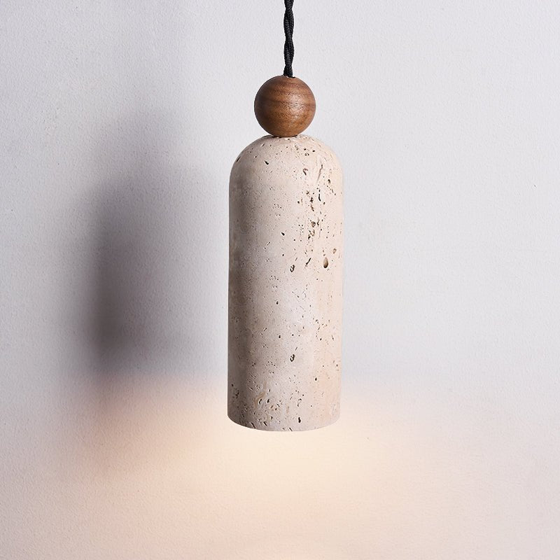 Cylinder Travertine Wood Bead Pendant Light, Minimalist Organic Hanging Lamp for Dining Room and Kitchen Island