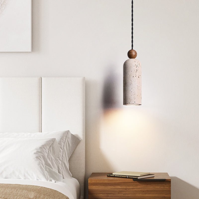 Cylinder Travertine Wood Bead Pendant Light, Minimalist Organic Hanging Lamp for Dining Room and Kitchen Island