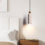 Cylinder Travertine Wood Bead Pendant Light, Minimalist Organic Hanging Lamp for Dining Room and Kitchen Island
