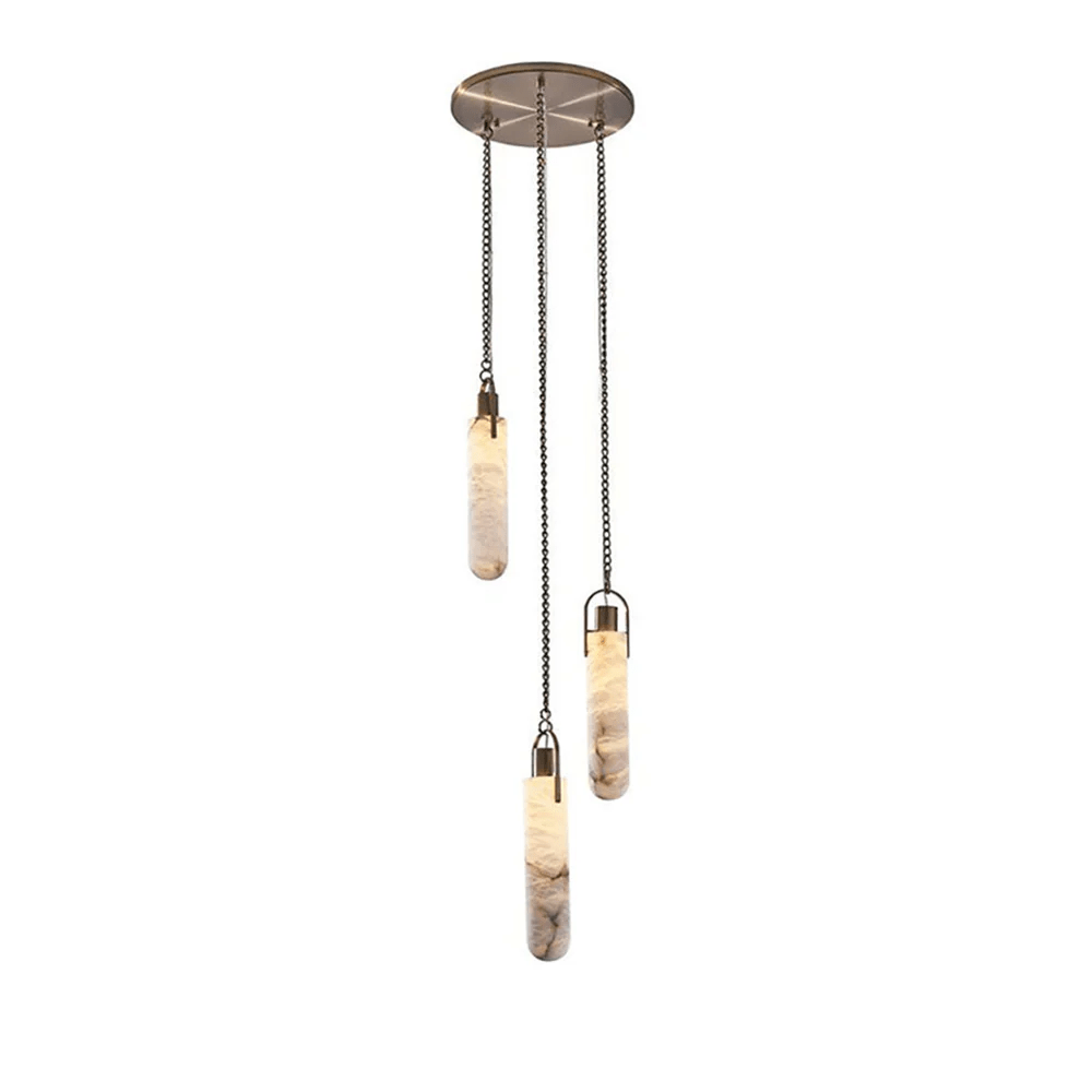 Cascading Alabaster Tube Chandelier in Antique Brass