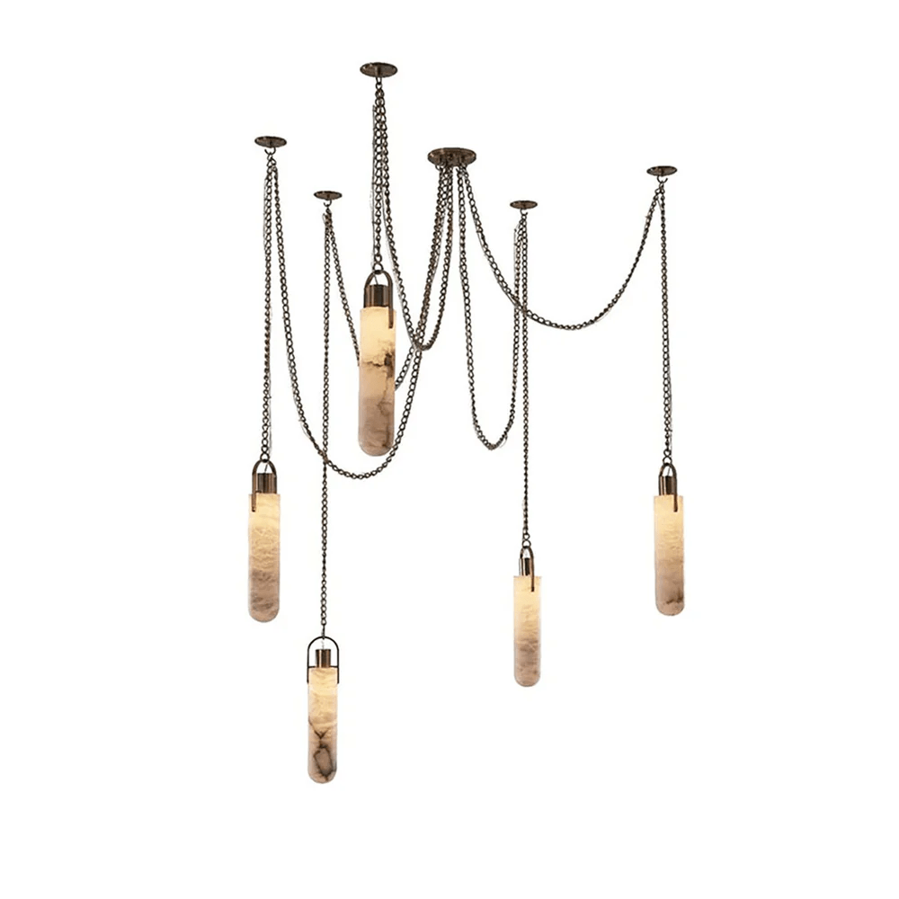 Cascading Alabaster Tube Chandelier in Antique Brass